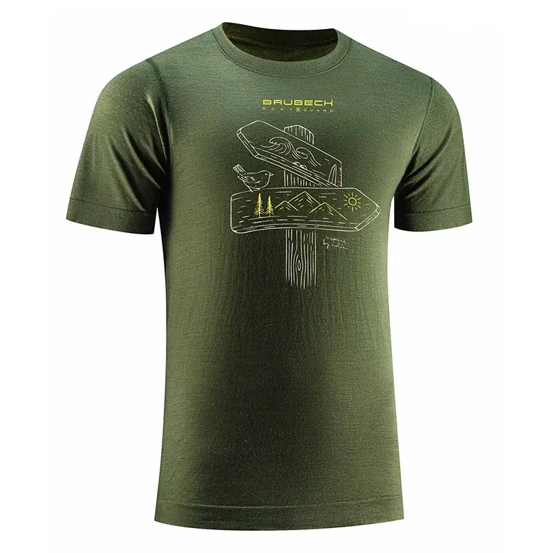 Łatwy zwrot Koszulka Męska Z Krótkim Rękawem Termoaktywna Outdoor Wool PRO Ciemnozielona Drogowskaz (SS1456M)