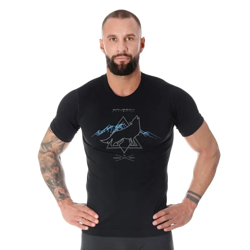 Bezpieczna płatność Koszulka Męska Z Krótkim Rękawem Termoaktywna Outdoor Wool Czarny Wilk (SS1265M)