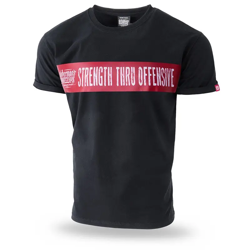 Wysoka jakość T-shirt Strength Thru Offensive Doberman's Aggressive Czarny (TS226)