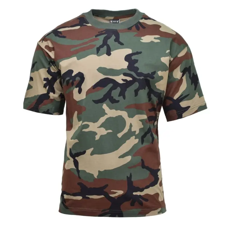 MFH USA w stylu wojskowym T-shirt z krótkim rękawem Woodland Camuflage Tylko dziś
