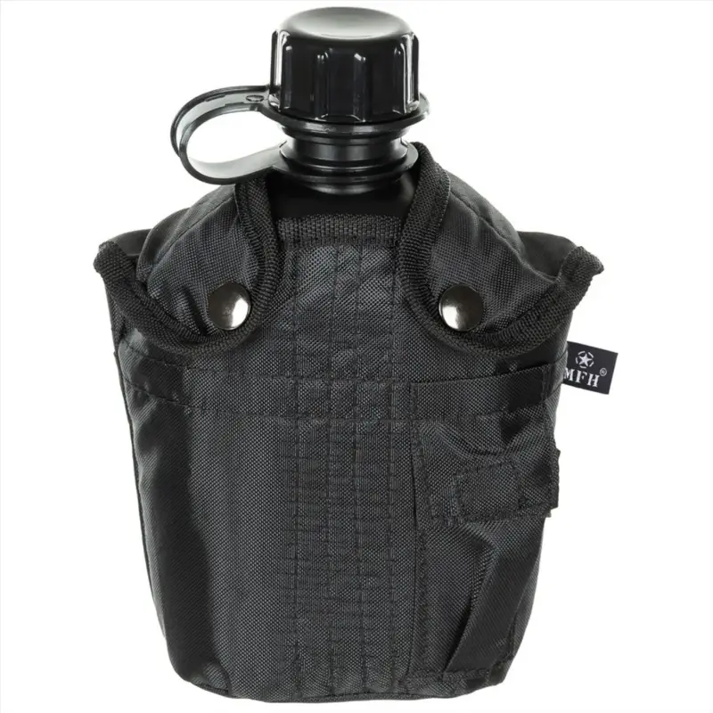 MFH U.S. Military Plastic Canteen 1L Cap Clips Załącznik BPA Free Black Wysoka jakość