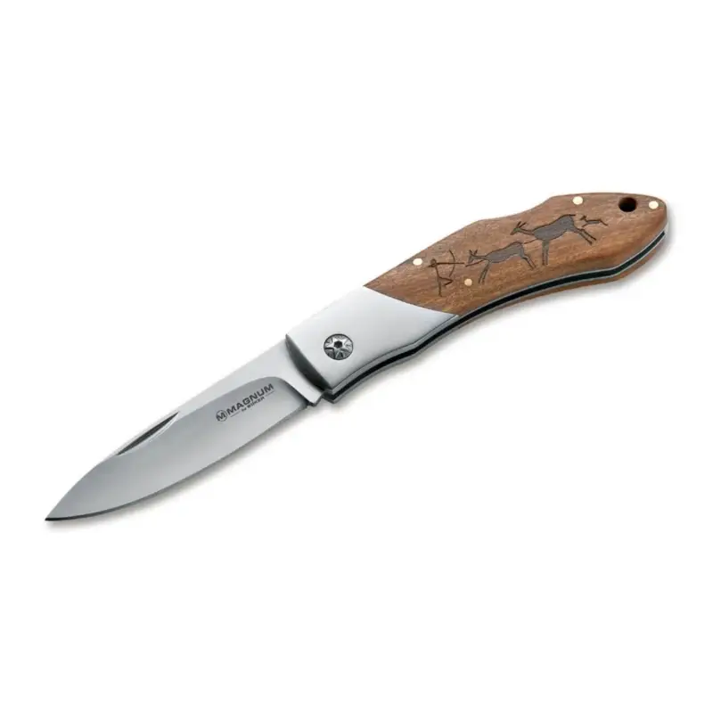 Nóż kieszonkowy BOKER Caveman Steel 440A, niepowlekana, stalowa, zdobiona drewnianą rękojeścią Łatwy zwrot