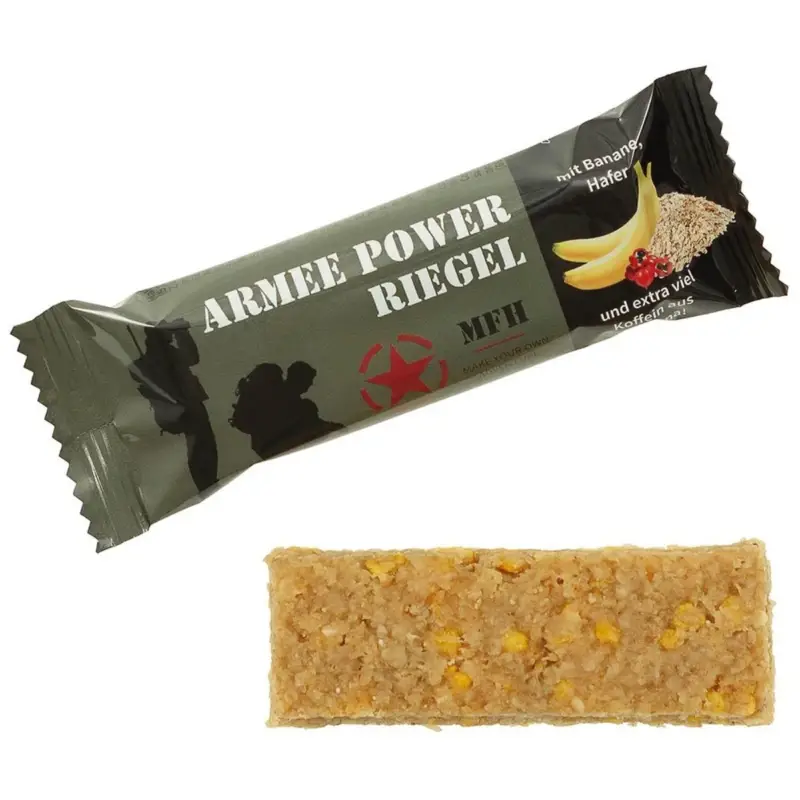 MFH Army Power Bar 60g Kofeinowy baton energetyczny Zewnętrzna przekąska o smaku bananowo-guarany Łatwy zwrot