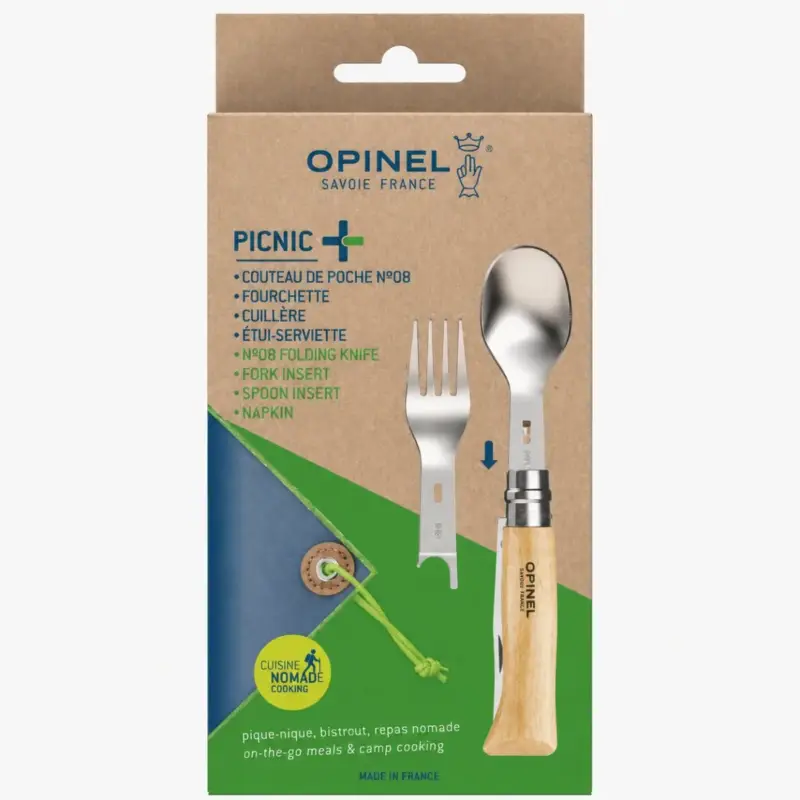Łatwy zwrot Opinel Picnic+ N°08 Zestaw sztućców Nóż składany Łyżka Widelec Camping Buk