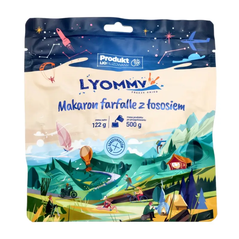 Lyommy - Żywność liofilizowana Makaron farfalle z łososiem 500 g Wysoka jakość