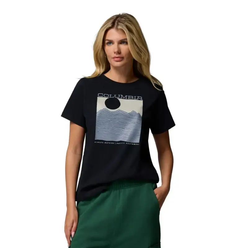 Nowy Koszulka bawełniana damska Columbia Rolling Bend™ Graphic SS - Black, Framed Linescape