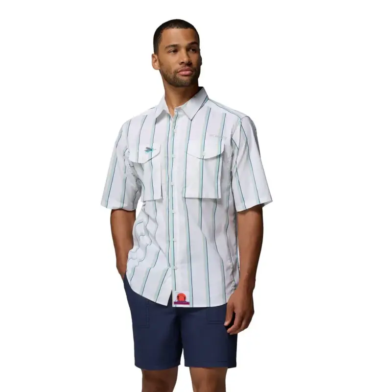 Zamów teraz Koszula bawełniana męska Columbia PFG Bonefish Flats™ Printed SS Shirt - White