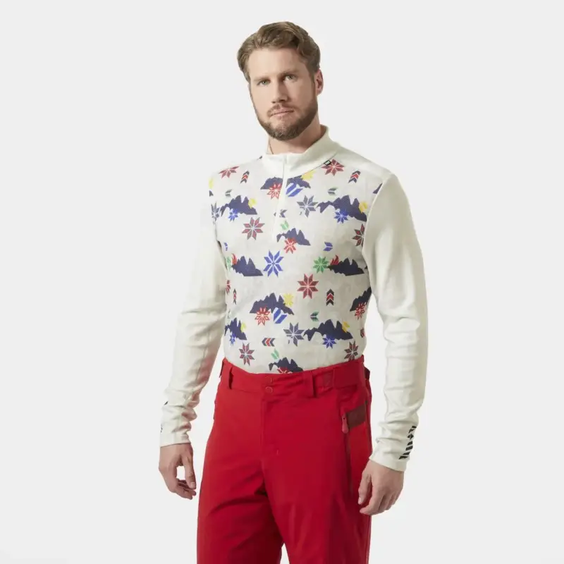 Bluza termoaktywna z merynosa męska Helly Hansen Lifa Merino Midweight 1/2 Zip - Off White Cortina Aop Okazja